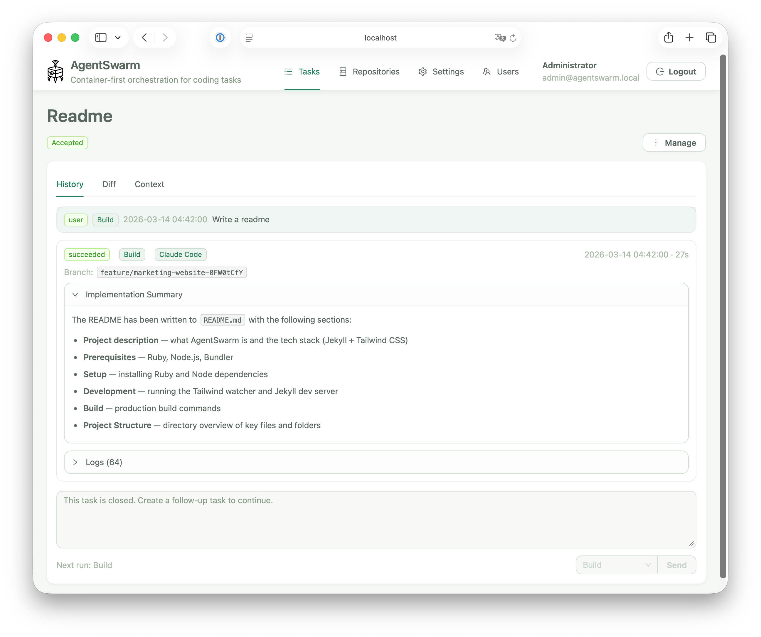 AgentSwarm UI preview